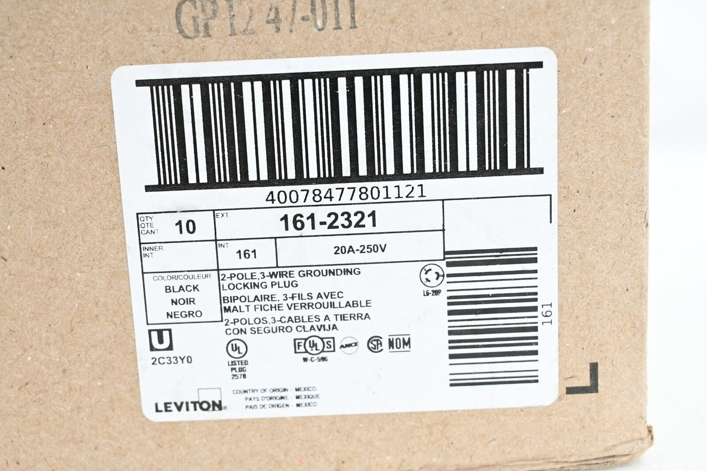 Leviton 161-2321 2 Pole, 3 Wire Grounding Locking Plug, PK 10