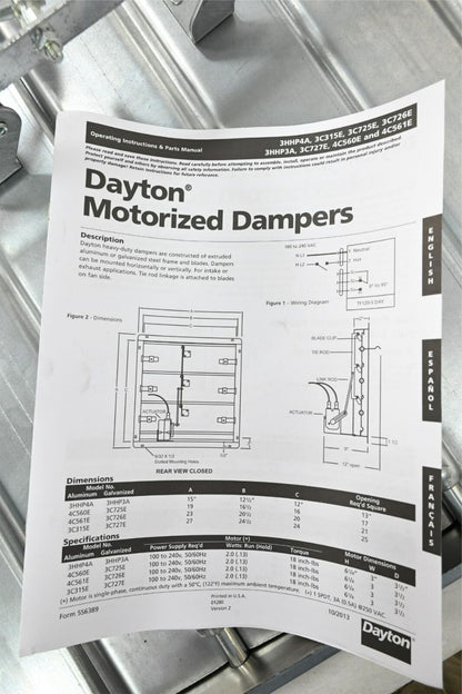 Dayton 3C727 Motorized Control Damper, Phase 1, 100/240V AC