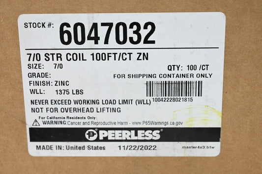 Peerless PEE-6047032 Straight Link Coil Chain, 100 ft Length, 600 lb Load Limit