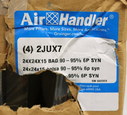 Air Handler 2JUX7 Pocket Air Filter, 24" Ht x 24" Wd x 15" Dp, PK 4