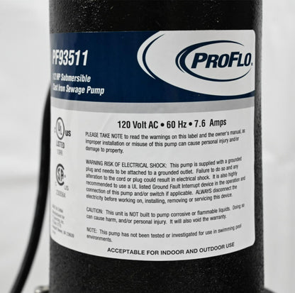 ProFlo PF93511 Cast Iron Sewage Pump, 1/2 Horsepower