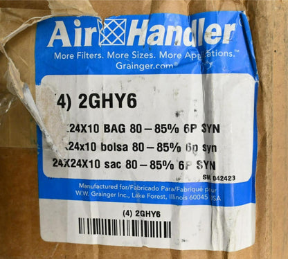 Air Handler 2GHY6 Pocket Air Filter, 24" Ht x 24" Wd x 10" D, PK 4