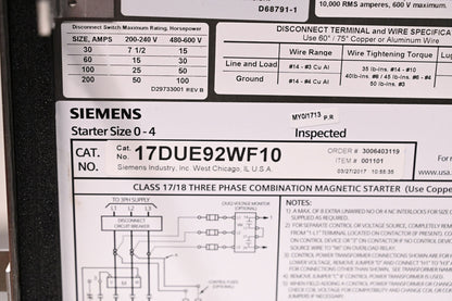 Siemens 17DUE92WF10 Starter,Combo SZ1,10-40Amps,N4X,120V