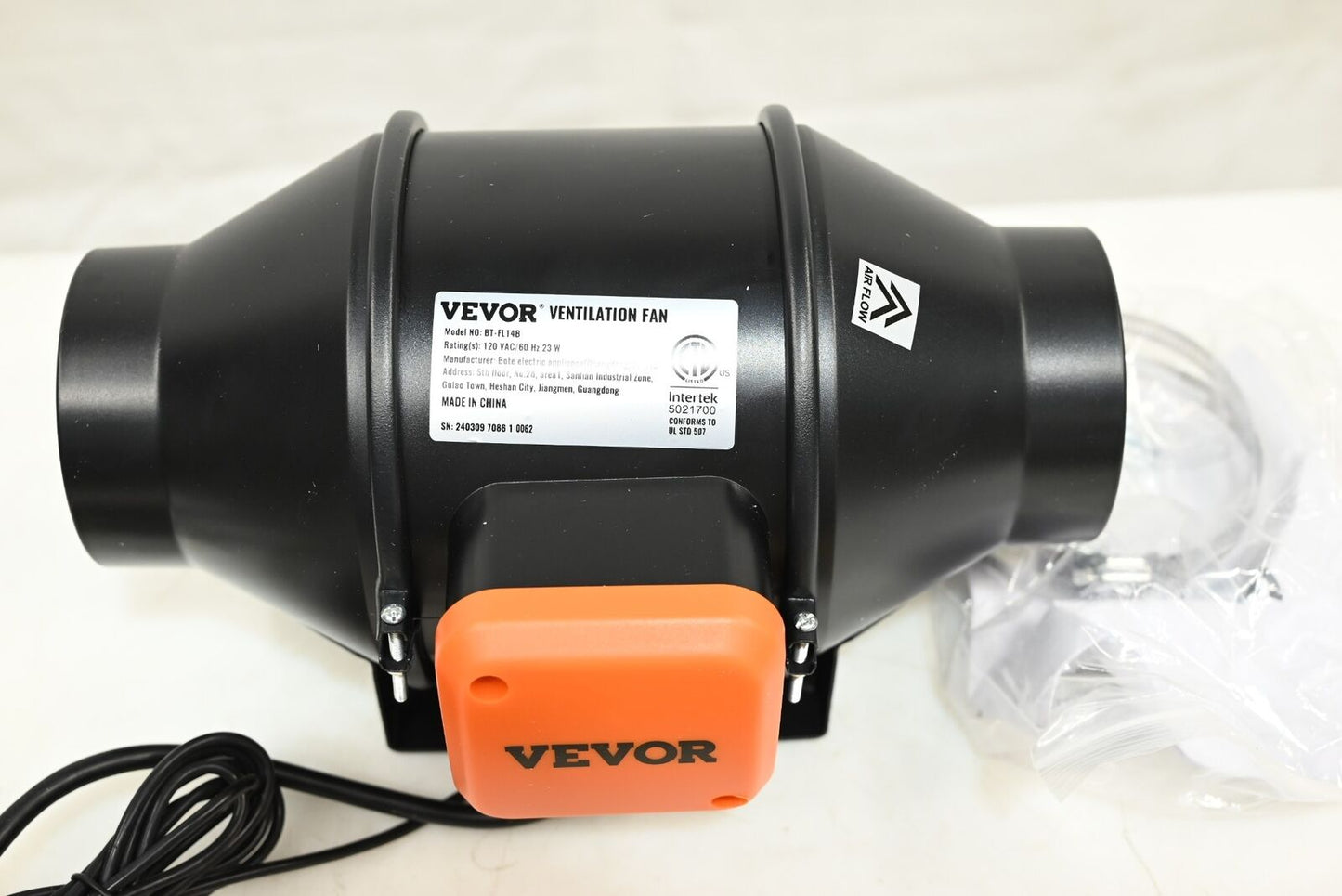 Vevor BT-FL14B 4" Inline Duct Fan HVAC Exhaust Blower Kit EC Variable Speed Con.