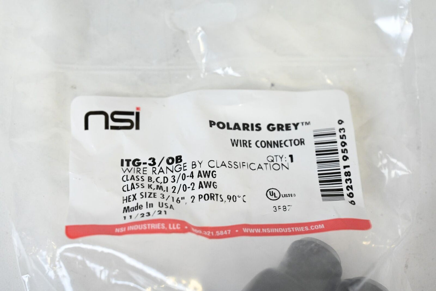 NSI ITG-3/0B Polaris Grey 2-Port Insulated Connector, Stranded Copper Conductor