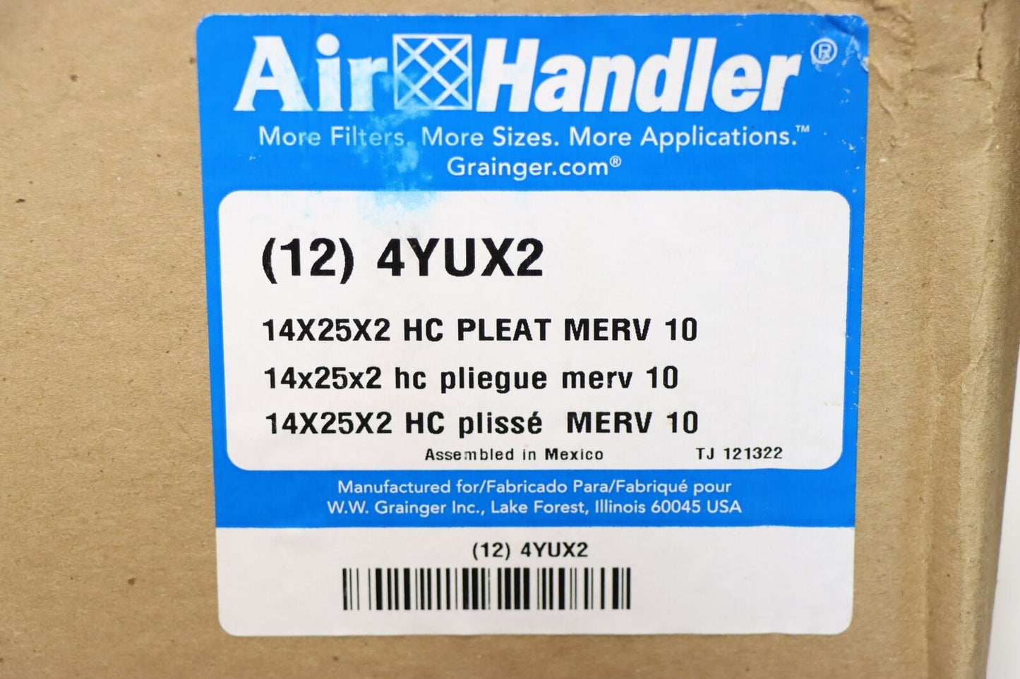 Air Handler 4YUX2 Pleated Air Filter, 14" Ht x 25" Wd x 2Dp, MERV 10, PK 12