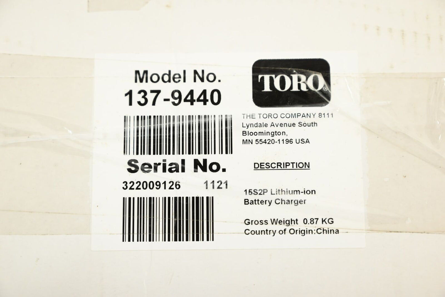 Toro 137-9440 Lithium-Ion Battery Charger