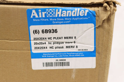 Air Handler 6B936 Pleated Air Filter 20" Ht x 20" Wd x 4 Dp, MERV 8, PK 6