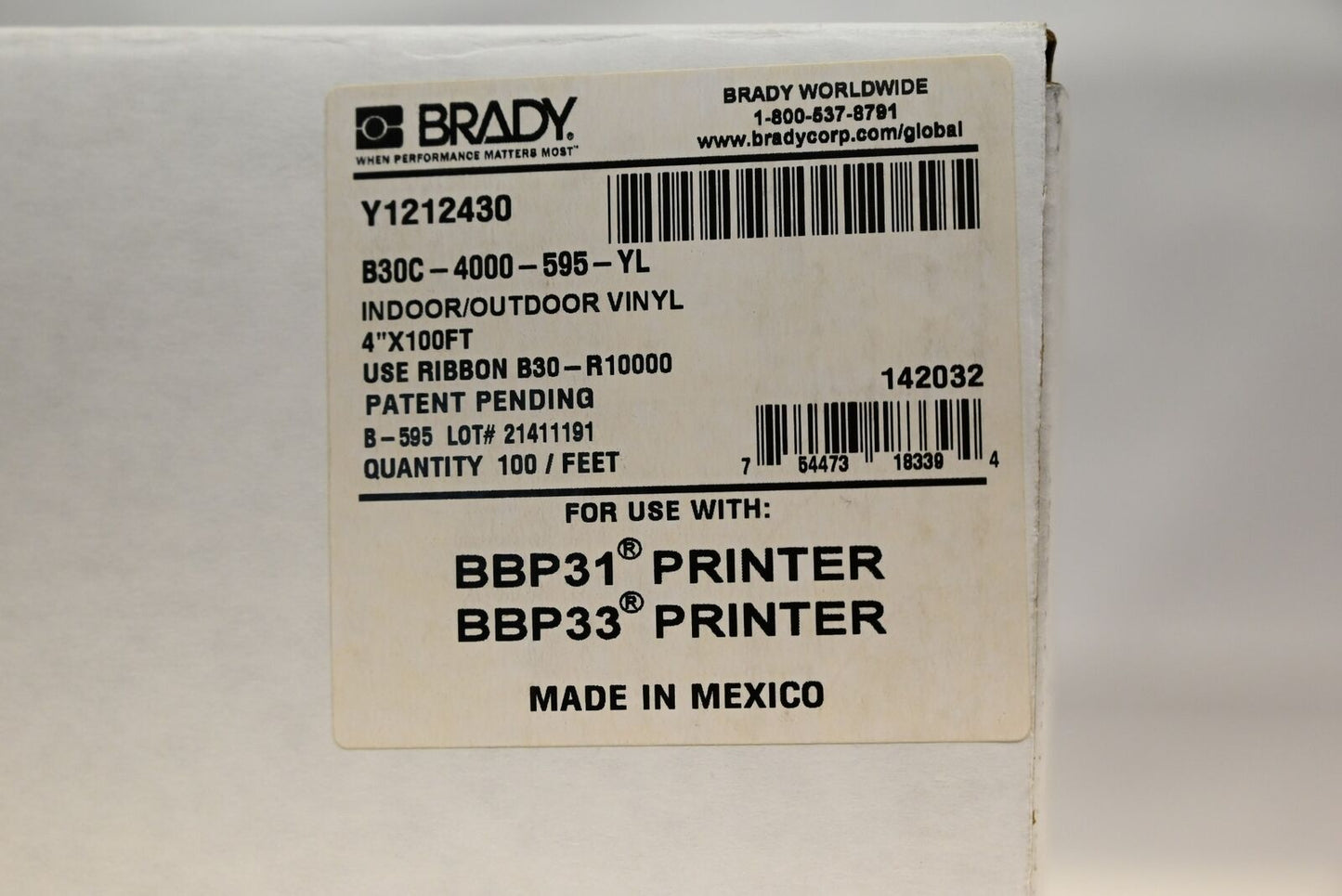 Brady B30C-4000-595-YL Indoor/Outdoor Vinyl Tape, 4" x 100 ft, Yellow