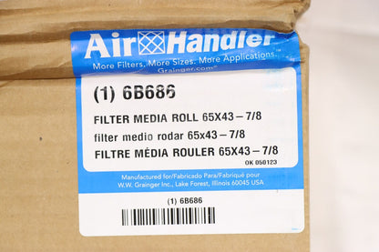 Air Handler 6B686 Air Filter Media Roll, 44" Ht x 65 ft Wd x 1 in Thickness