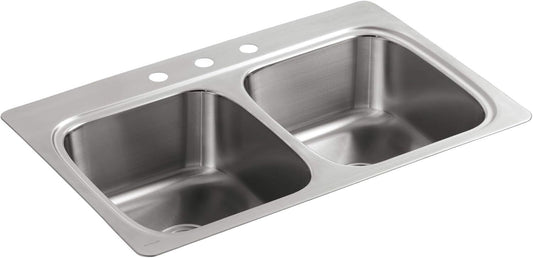 Kohler 5267-3-NA Verse 33" Double Basin Drop In Stainless Steel Kitchen Sink w/3