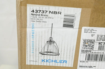 Kichler Silberne 43737NBR 1 Light Pendant W/Clear Seeded Glass in Natural Brass