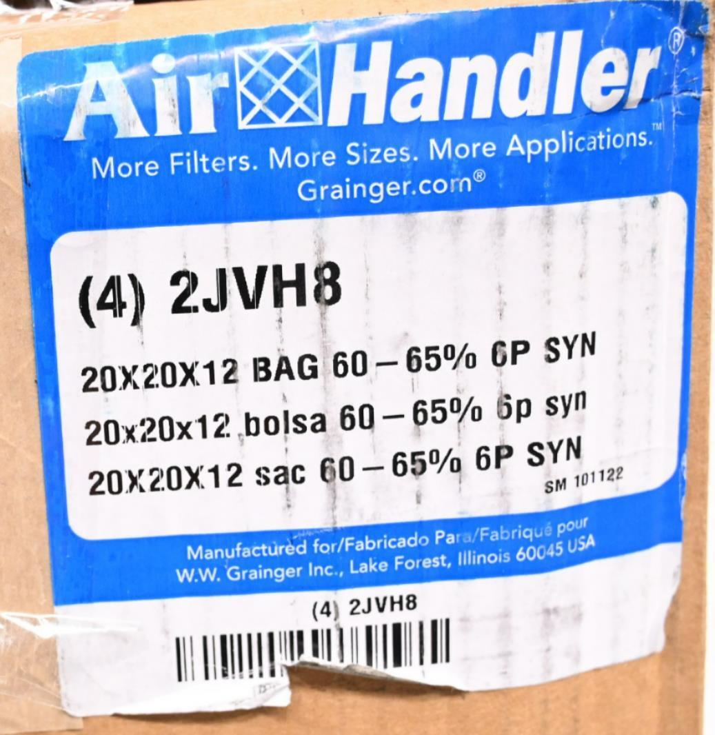 Air Handler 2JVH8 Pocket Air Filter, 20" Height x 20" Width x 12" Depth, PK 4