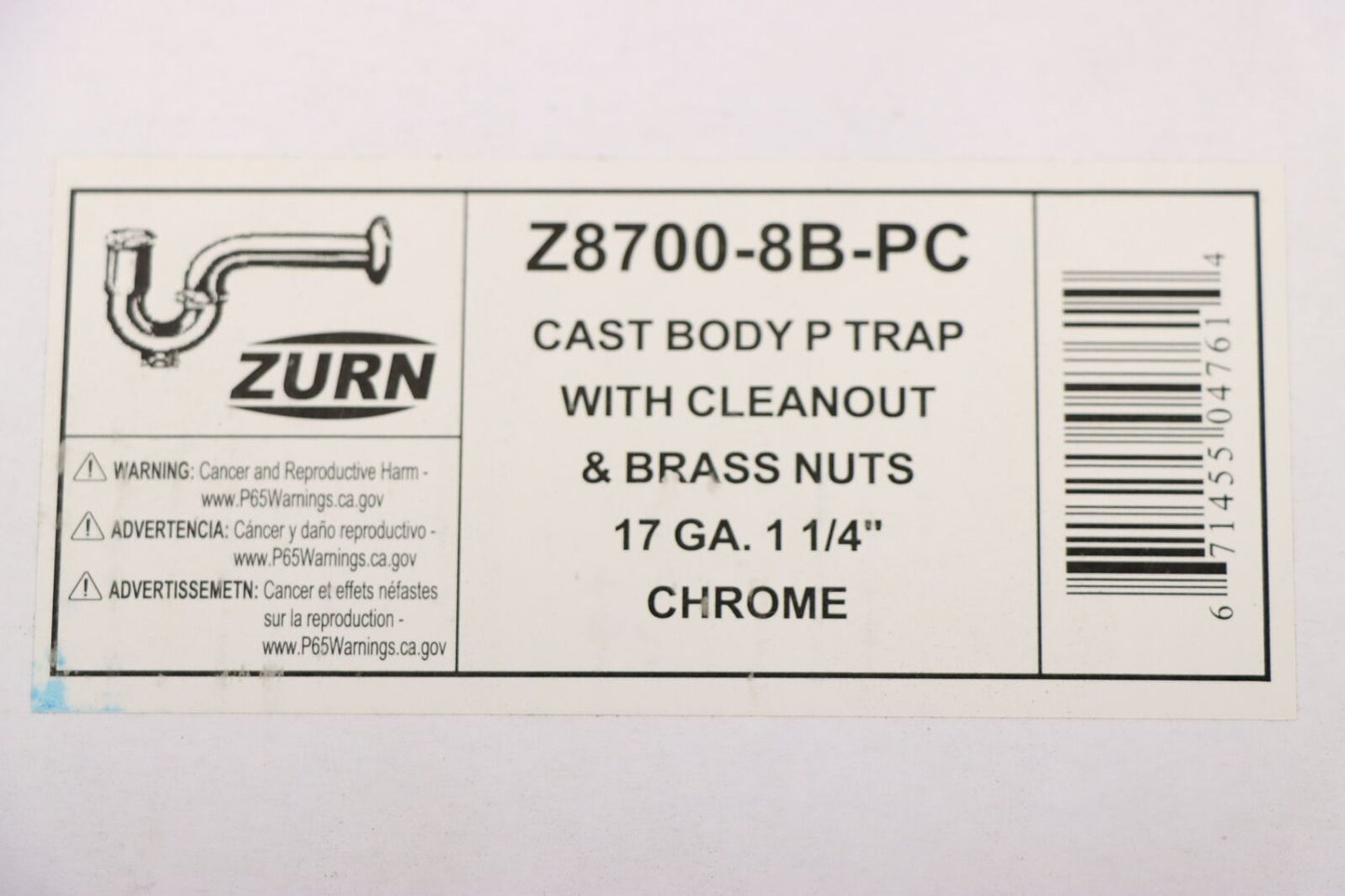 Zurn Z8700-8B-PC P-Trap with Cleanout Tubular Brass Wall Bend