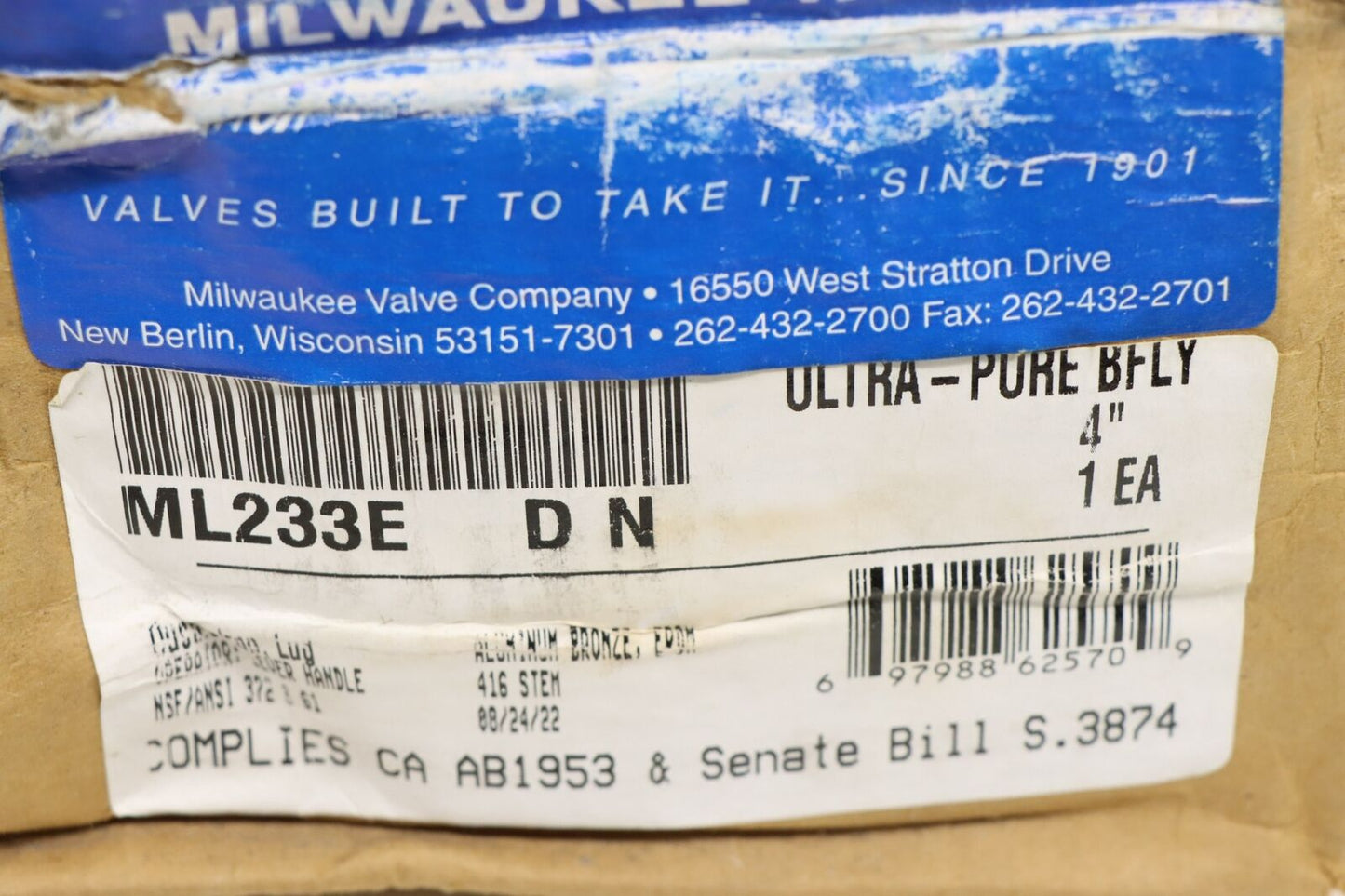 Milwaukee ML233E D N ML Series 4" Ductile Iron EPDM Lever Handle Butterfly Valve