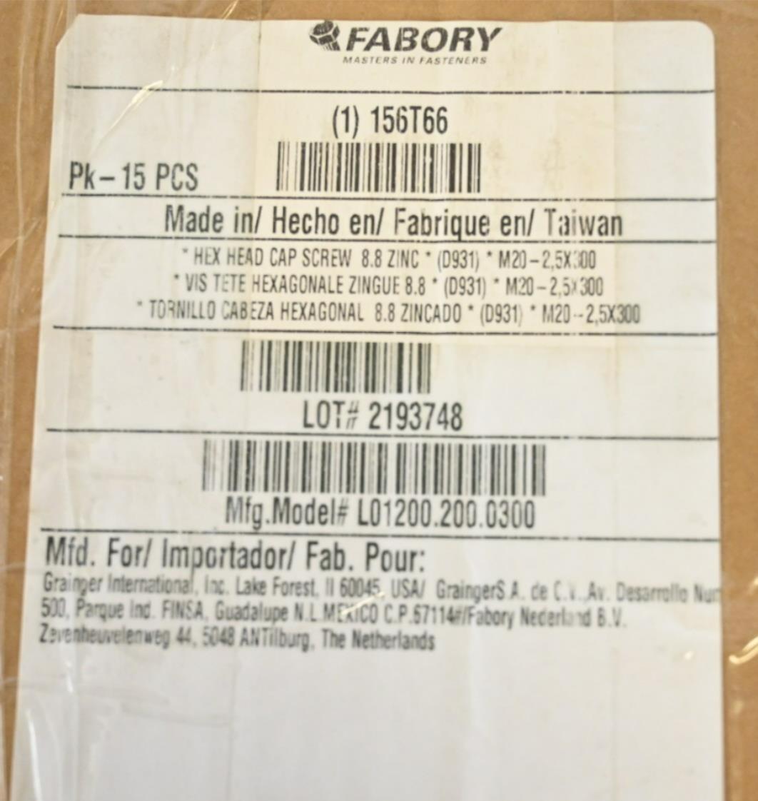 Fabory L01200.200.0300 Hex Head Cap Screw, Steel, PK 15