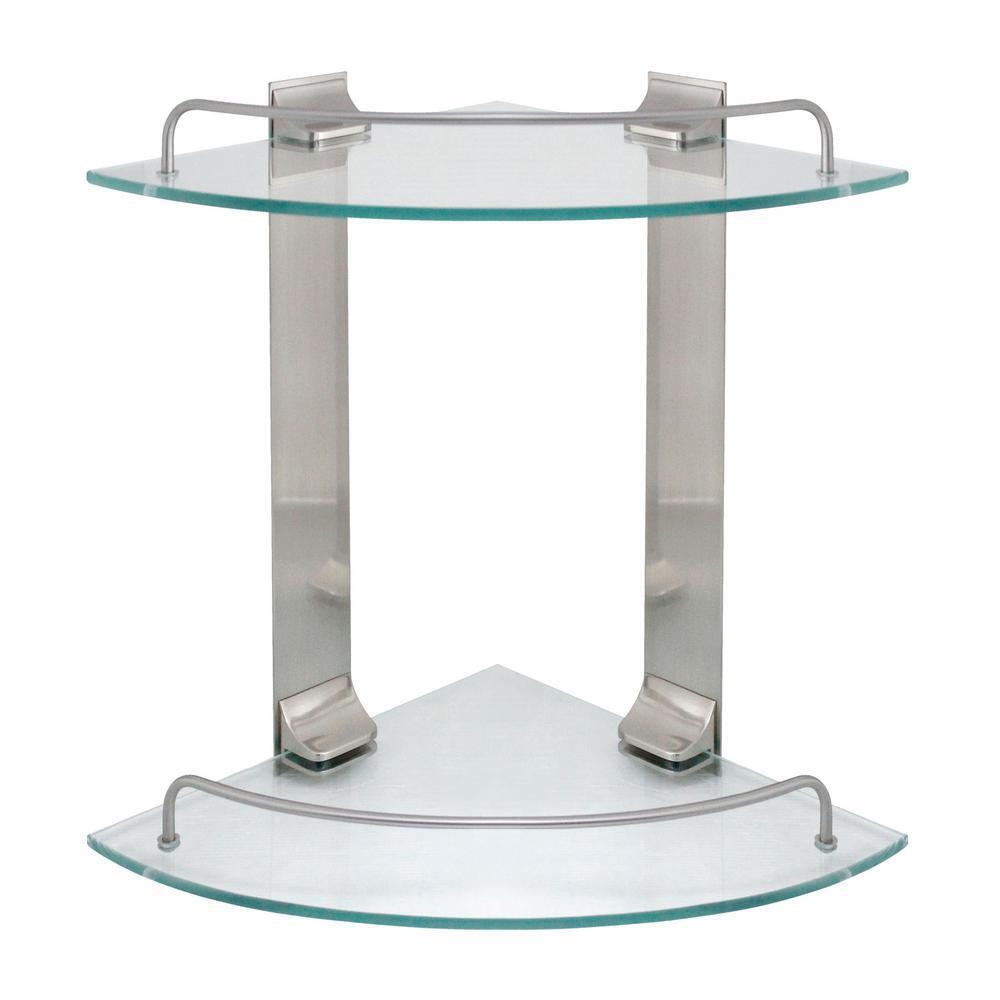 MODONA D-GCS-SN 9.5" W Double Glass Corner Shelf with Pre-Installed Rails