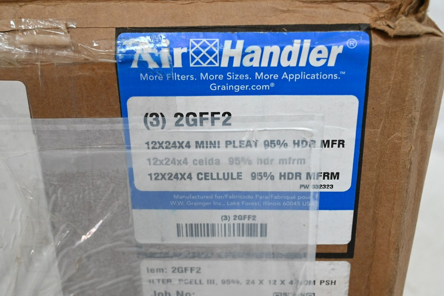 Air Handler 2GFF2 Mini-Pleat Air Filter, 12" Ht x 24" Wd x 4" Dp, PK 3