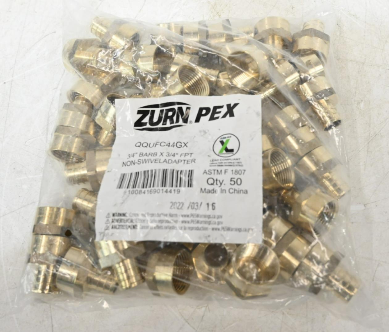 Zurn QQUFC44GX PEX and Pipe Adapter, Brass, PK 50