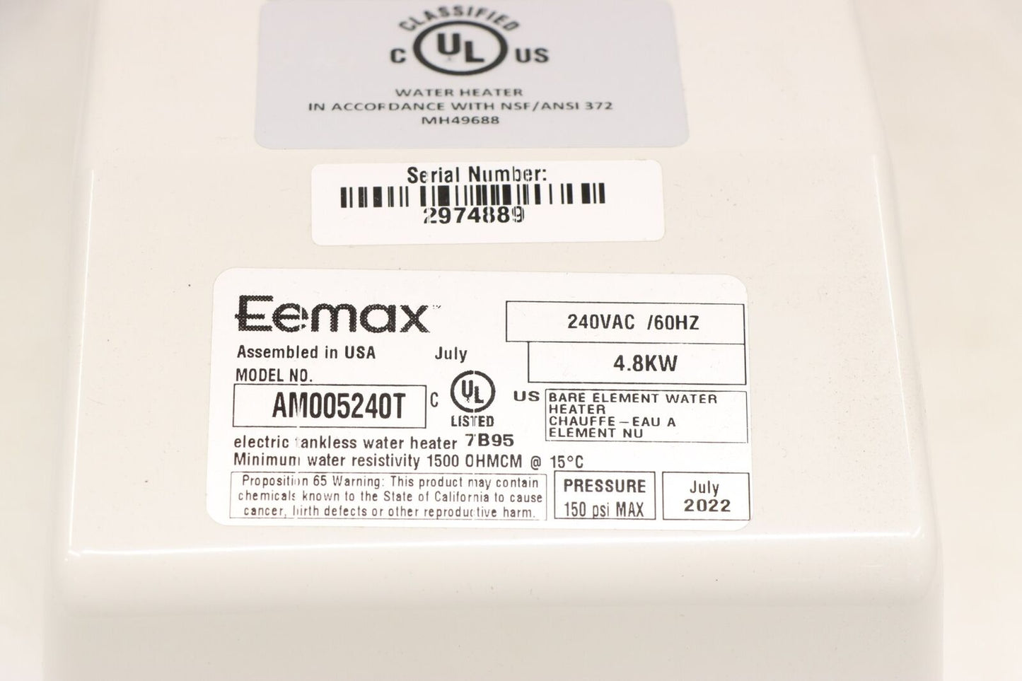 Eemax AM005240T Electric Tankless Water Heater, 240V AC