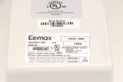 Eemax AM005240T Electric Tankless Water Heater, 240V AC