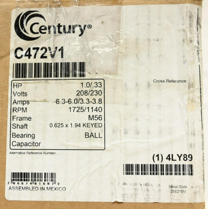 Century C472V1 HVAC Belt Drive Fan Motor, 208/230V