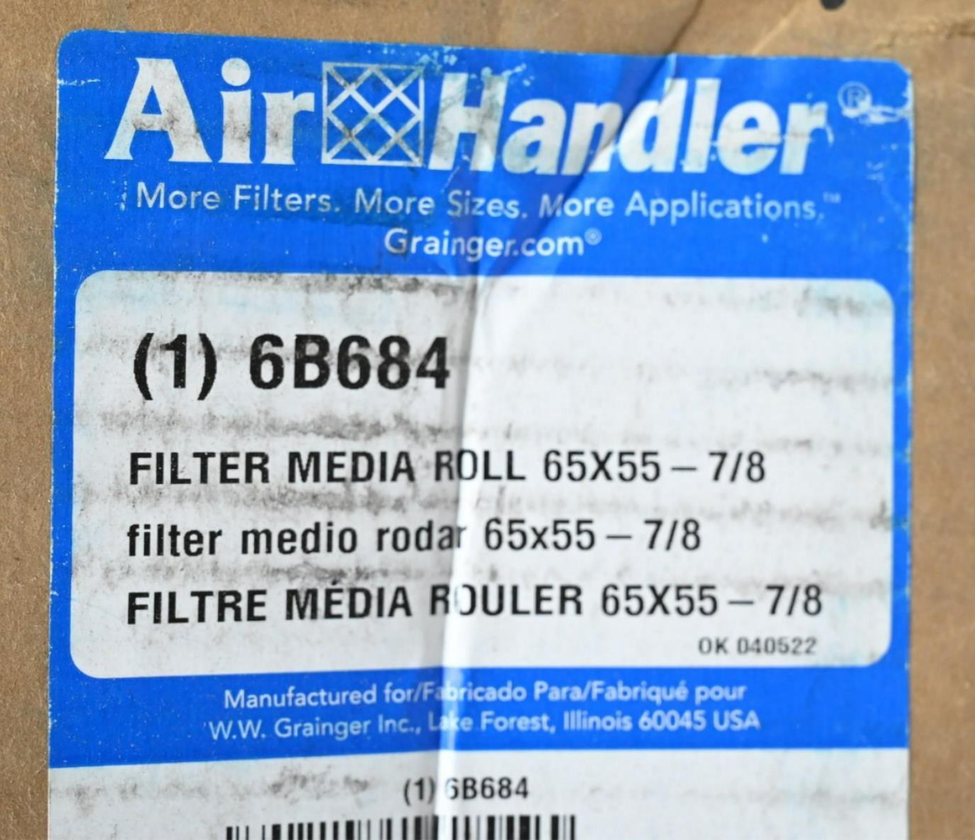 Air Handler 6B684 Air Filter Media Roll, 56 in Ht x 65 ft Wd x 1 in Thickness