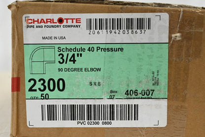 Charlotte 406-007 Pipe Fitting Schedule 40 Pressure 3/4" 90 Degree Elbow, PK 50