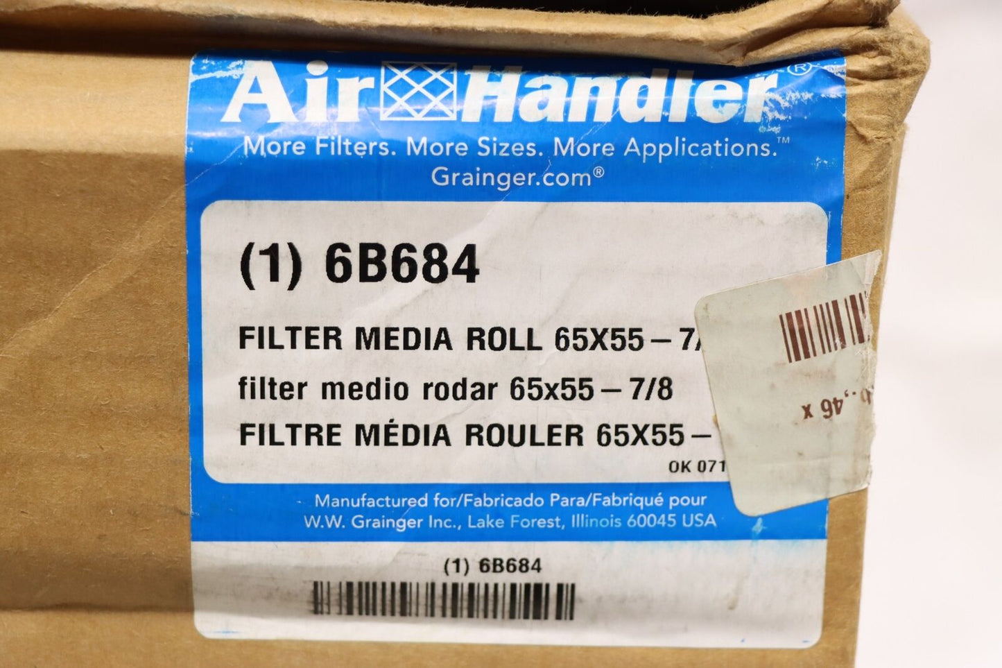 Air Handler 6B684 Air Filter Media Roll, 56 in Ht x 65 ft Wd x 1 in Thickness