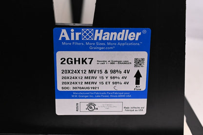 Air Handler 2GHK7 V-Bank Air Filter, 20" Ht x 24" Wd x 12" Dp, MERV 15