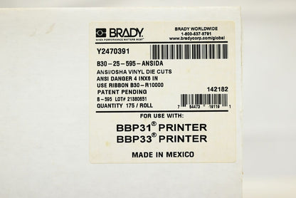 Brady B30-25-595-ANSIDA Indoor/Outdoor, 4" x 6", Vinyl Film w/Permanent Adhesive