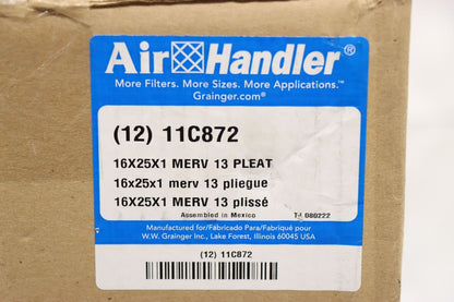 Air Handler 11C872 Pleated Air Filter MERV 13, 16" Ht x 25" Wd x 1" Dp, PK 12