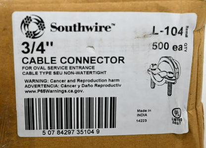 Southwire L-104 Non-Watertight Connector, 3/4" Trade, Die Cast Zinc, PK 500