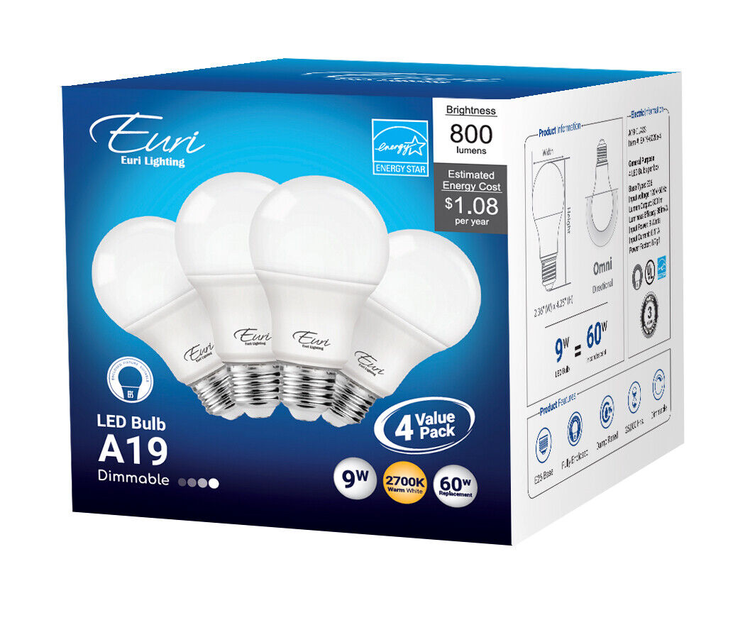 Euri Lighting EA19-6020e-4 A19 2700K Omni-Directional Dimmable, 12 PK of 4 Each