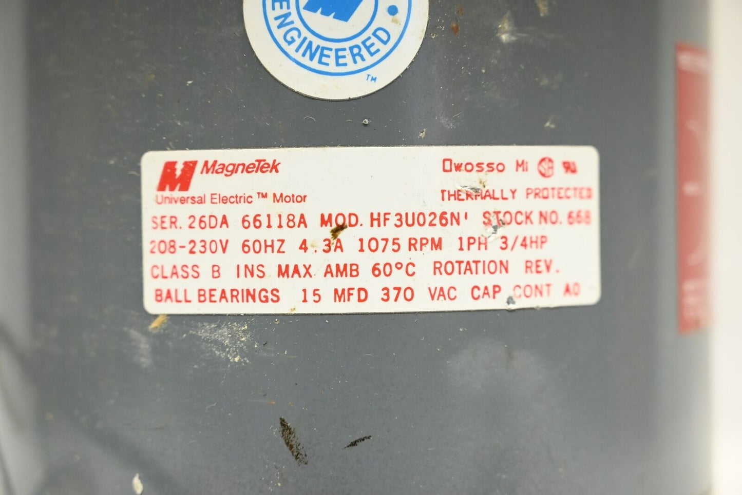 MagneTek HF3U026N' Motor 208/230V, 60 Hz, 1075 RPM, 3/4 HP