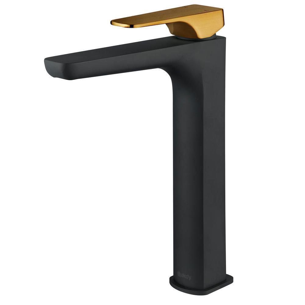 Akdy BF003-7 1-Handle Vessel Bathroom Sink Faucet, Matte Black/Brushed Gold