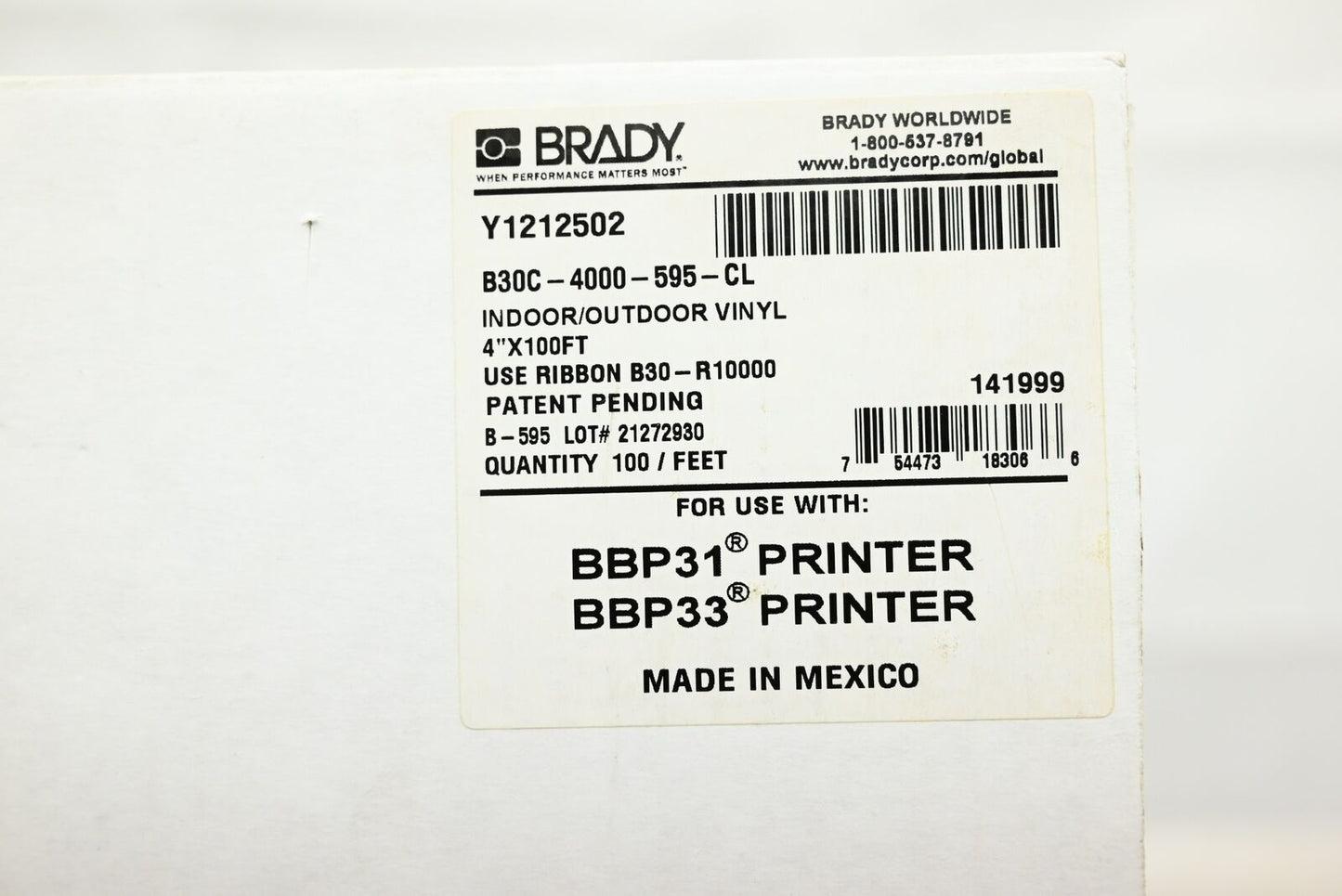 Brady B30C-4000-595-CL Indoor/Outdoor Vinyl Label tape, 4" x 100 ft