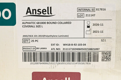 Ansell WH18-B-92-103-04 Collared Coveralls, Polyethylene Laminate, PK 25