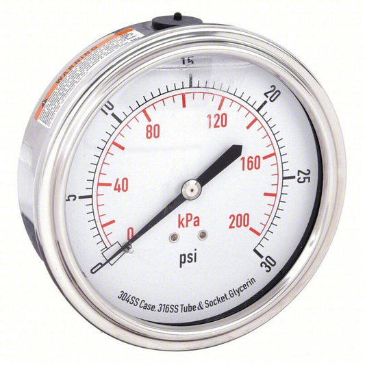 Commercial Pressure Gauge 4CFU9, 0 to 30 psi Pressure Range, Stainless Steel