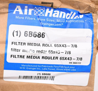 Air Handler 6B686 Air Filter Media Roll, 44" Ht x 65 ft Wd x 1 in Thickness