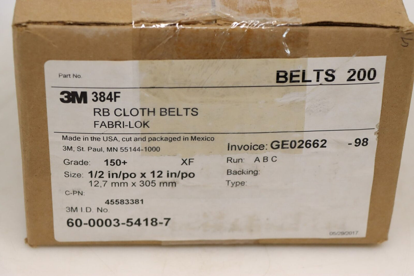 3M 7010514695, 384F Cloth Belt, 1/2 in x 12 in, 150+ Grit, XF-weight, 200/Case