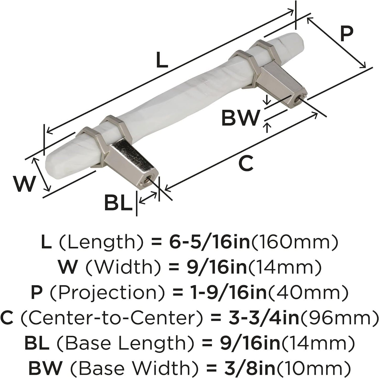 AMEROCK BP36648MWPN 3-3/4" Drawer Handle Pull, ‎Marble White/Polished Nickel