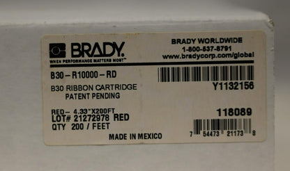 Brady B30-R10000-RD Label Printer Ribbon Cartridge, 2.33" x 200 ft, Red