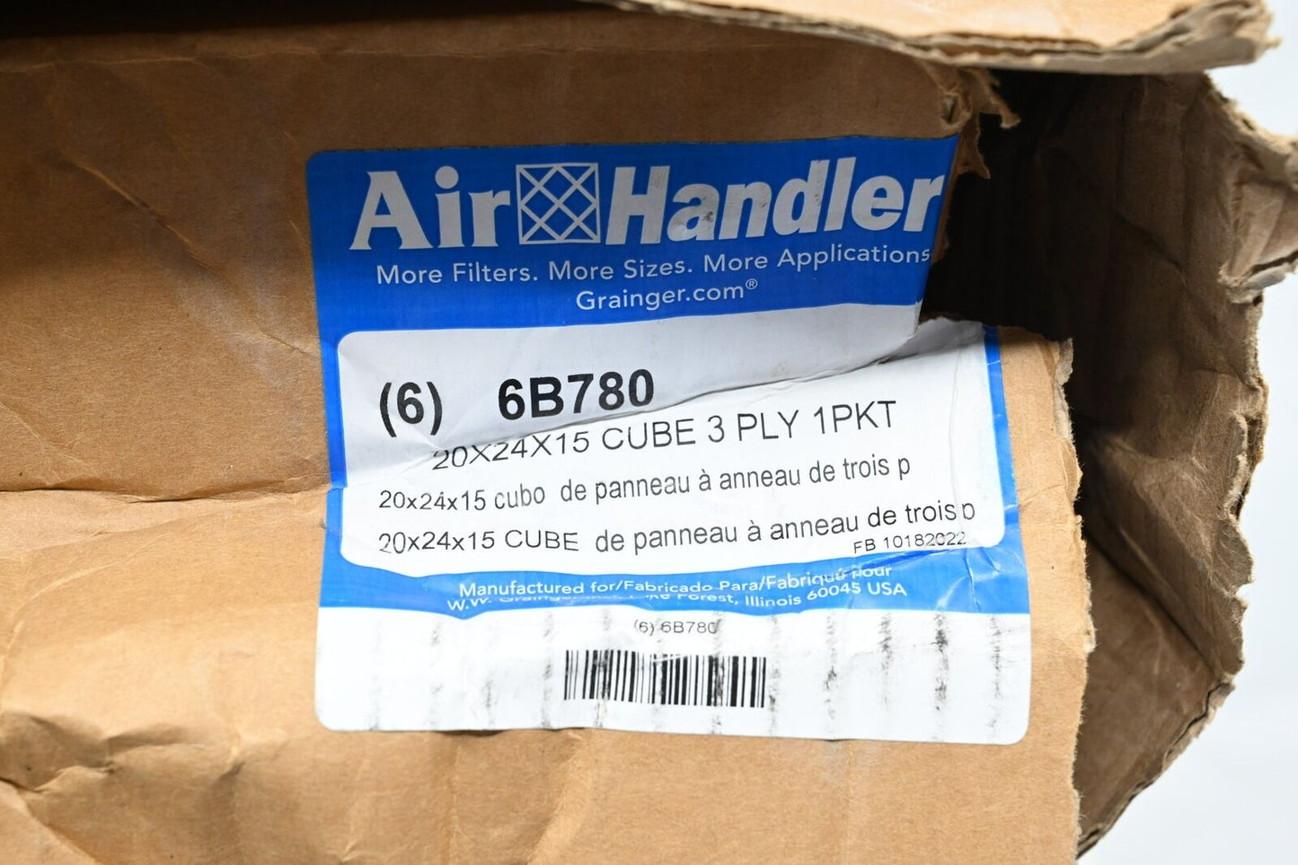 Air Handler 6B780 Cube Air Filter, 20" Ht x 24" Wd x 15" Dp, PK 6