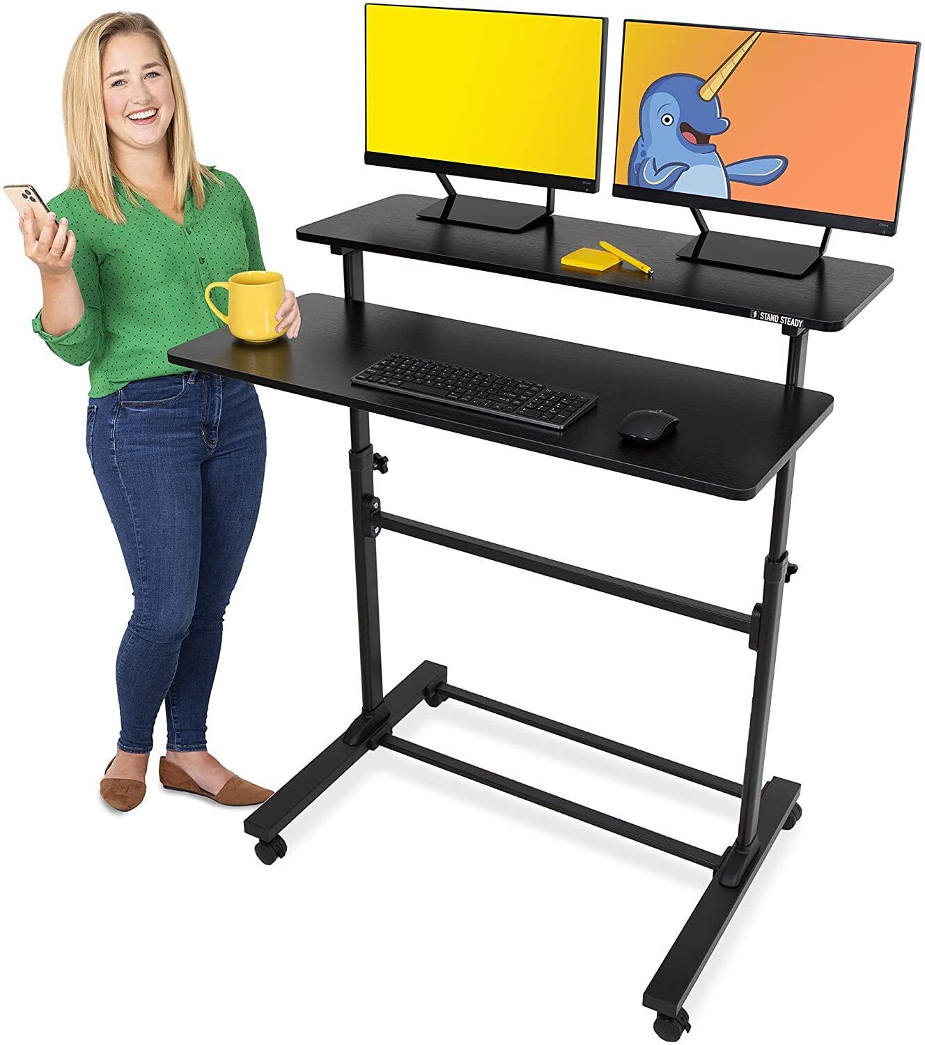 Adjustable Mobile Standing Desk on Wheels, Two Level Portable Workstation, Black