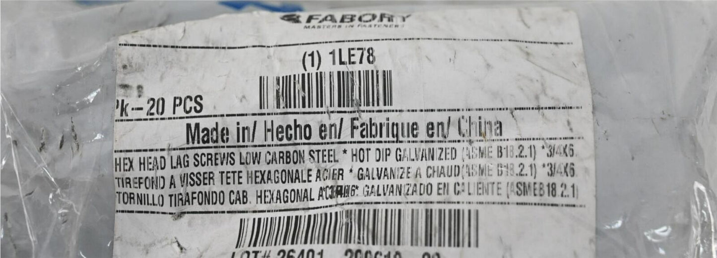 Fabory U08450.075.0600 Hex Head Lag Screw, Steel, PK 20