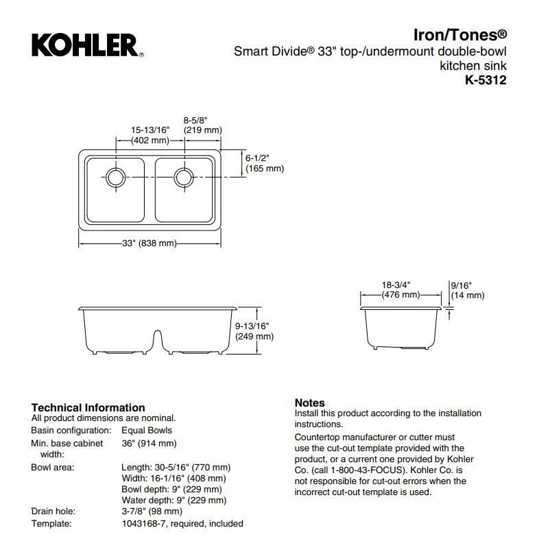 Kohler Iron/Tones® Smart Divide® 33" top-/undermount double-bowl kitchen sink