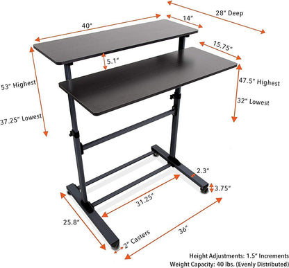 Adjustable Mobile Standing Desk on Wheels, Two Level Portable Workstation, Black