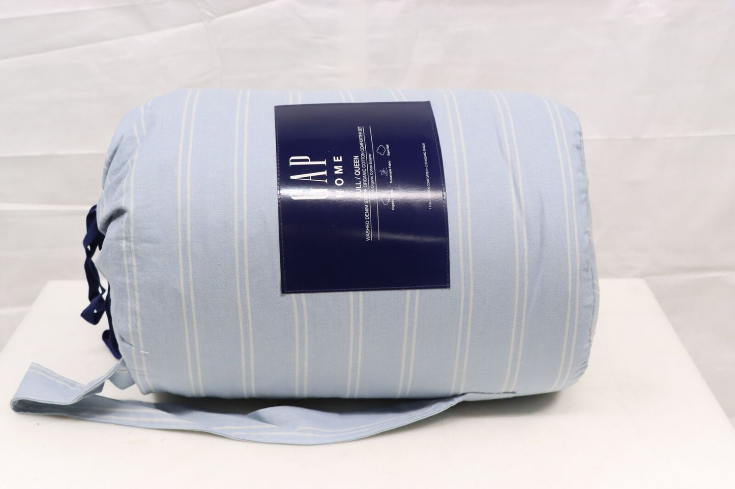 Gap Home Washed Denim Stripe Organic Cotton Comforter Set Light Blue, Full/Queen