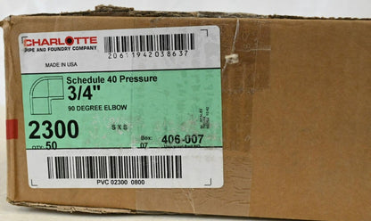 Charlotte 406-007 Pipe Fitting Schedule 40 Pressure 3/4" 90 Degree Elbow, PK 50